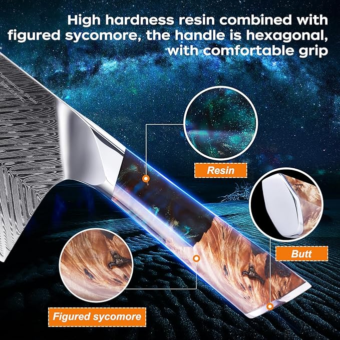 FINDKING Nebula Series Cleaver Knife, Multipurpose Chinese Chef Knife, 10Cr15CoMov Damascus Steel Blade, Resin and Figured Sycamore Handle, Full Tang, 7 Inch, Blue, for Meat, Vegetable Shredding