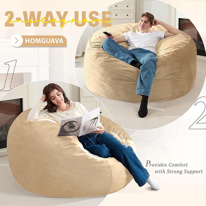 Homguava 4 FT Bean Bag Chair: 4' Bean Bags with Memory Foam Filled, Large Beanbag Chairs Soft Sofa with Dutch Velvet Cover-Khaki