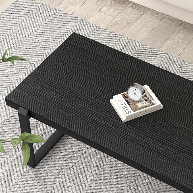EXCEFUR Modern Black Coffee Table, Industrial Wooden and Metal Center Table for Living Room, Rectangle Cocktail Tea Table, Black Oak, 44 Inch