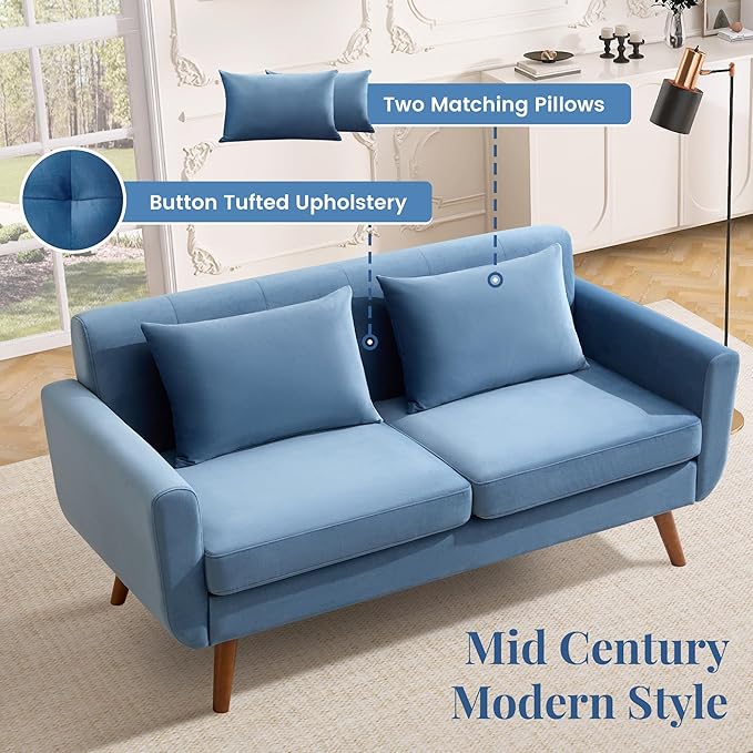 Tbfit 65" W Loveseat Sofa, Velvet Mid Century Modern Love Seat Couches for Living Room, Button Tufted Upholstered Small Couch for Bedroom, Solid and Easy to Install Love Seats Furniture, Blue