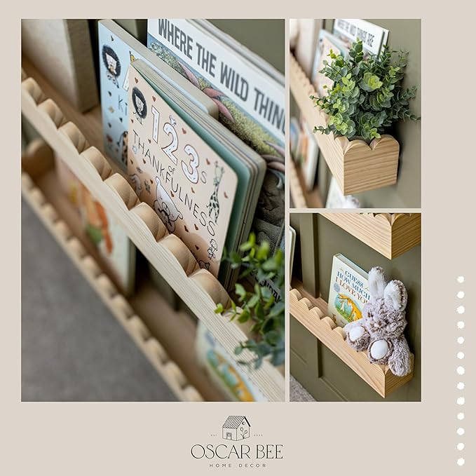 Scalloped Pine Bookshelf for Kids | Preassembled Montessori Wall Shelf | Drop-Resistant, Easy Install, 34" Wide, Nursery & Toddler Room Organizer