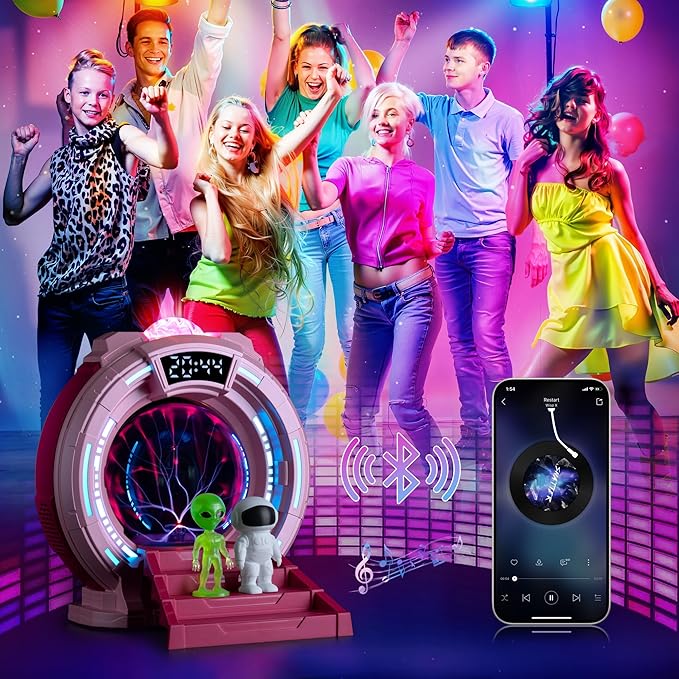 Space Portal Plasma Ball Night Light, LED Galaxy Projector Alien Lamp with White Noise, Bluetooth Music Speaker Alarm Clock,Remote,Star Light for Kids Room Decor Lamp, Christmas/Birthday Gift.(Pink)