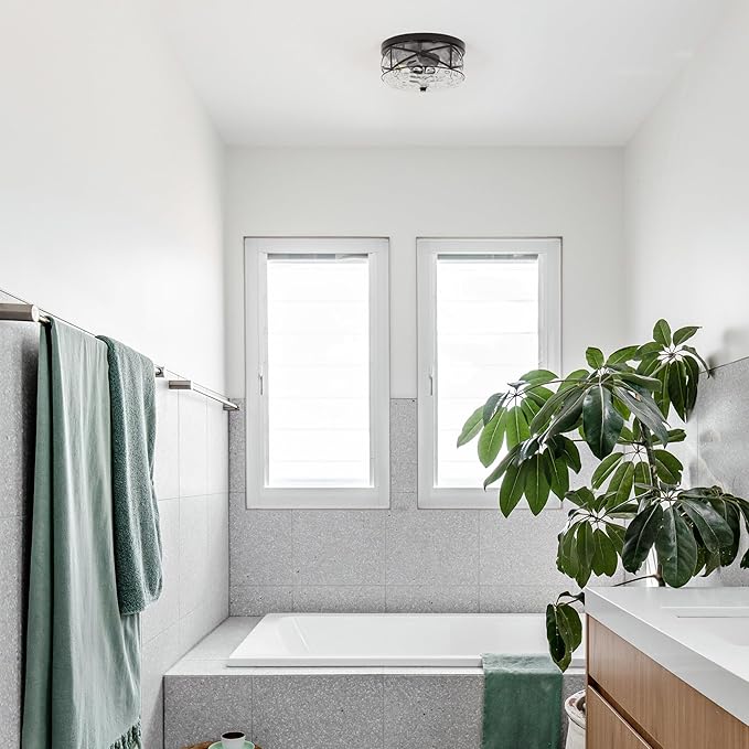 LamQee 9.8" Small Flush Mount Ceiling Light With Clear Hammered Glass, Black Hallway Light Fixtures Ceiling Mount for Bathroom, 2-Lights Farmhouse Close To Ceiling Light Kitchen Foyer Entryway Bedroom