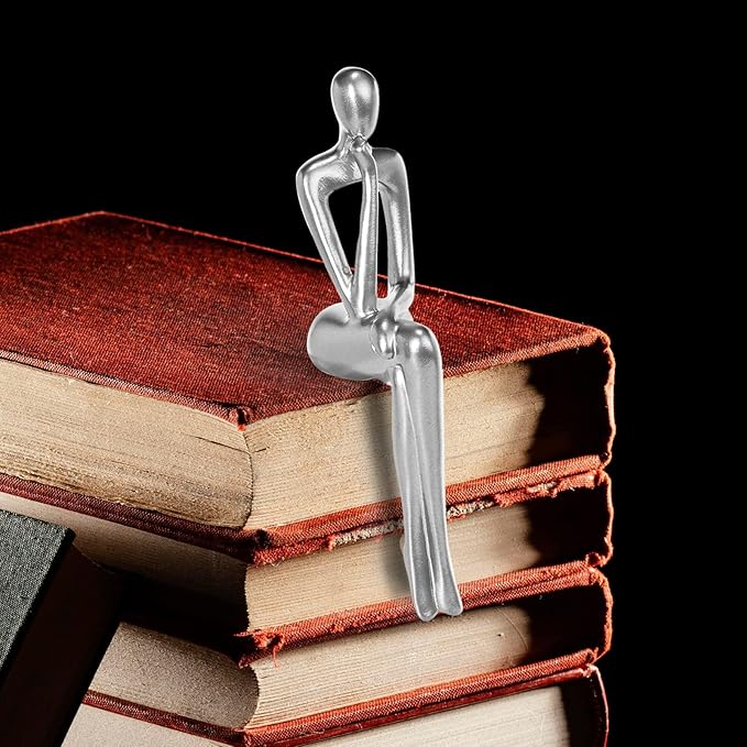 Thinker Statue Gold Decor Abstract Art Sculpture, Golden Resin Collectible Figurines for Home Living Room Office Shelf Decoration,Great Gifts Ideas (Sitting Posture-Silvery)