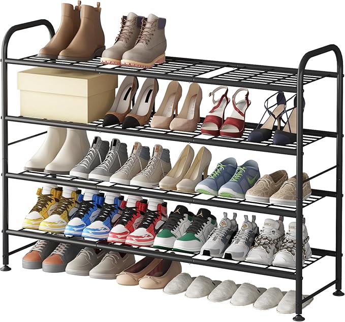 LINZINAR Shoe Rack Long 4 Tier Shoe Storage Organizer Metal Wide Shoe Shelf for Closet Entryway Bedroom 24 Paris Large Capacity, Gold Black