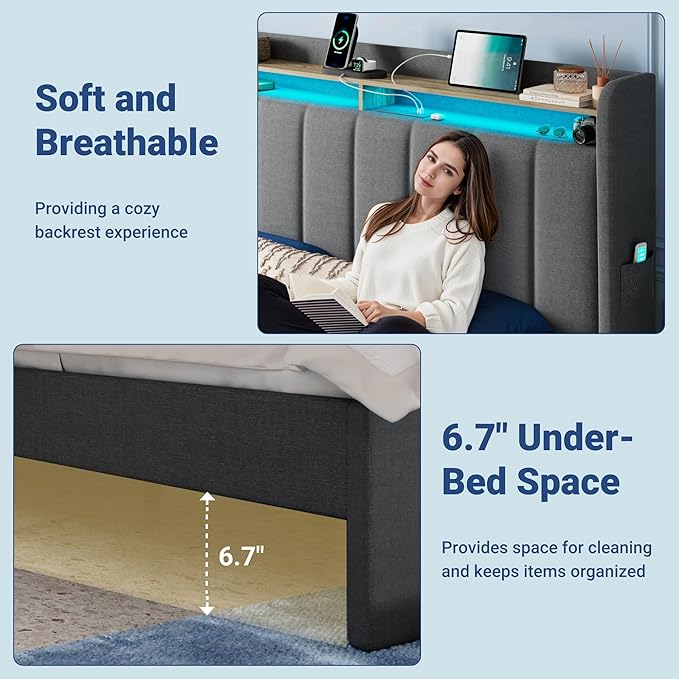 Allewie Vertical Tufted Full Size Upholstered Platform Bed Frame with 2-Tier LED Storage Headboard & 2 Storage Drawers, USB & Type-C Charging Ports, Noise-Free/No Box Spring Needed, Dark Grey