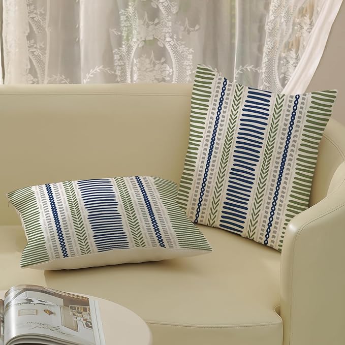 Boho Pillow Covers 20x20 Inch Set of Blue Sage Green Stripes Throw Pillow Covers Outdoor Decoration, Abstract Modern Bohemian Farmhouse Linen Decorative Cushion Cover for Home Decor Sofa Couch