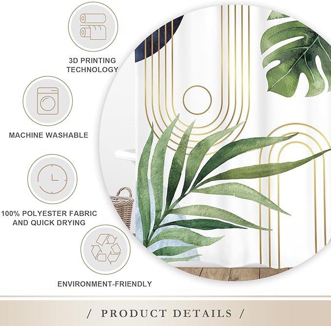 Glawry Boho Blue Green Shower Curtain Mid Century Abstract Tropical Palm Leaf Modern Minimalist Plant Botanical Bathroom Geometric 72Wx72L Inches Bath Accessories Art Home Decor Fabric 12 Pack Hooks