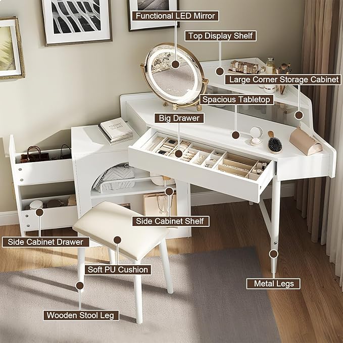 Merax Corner Vanity Desk with Mirror and Lights and Stool, White Makeup Vanity with Folding Mirror & Adjustable Light, Girl Glass Top Dressing Table with Side Storage Cabinet & Drawers for Bedroom
