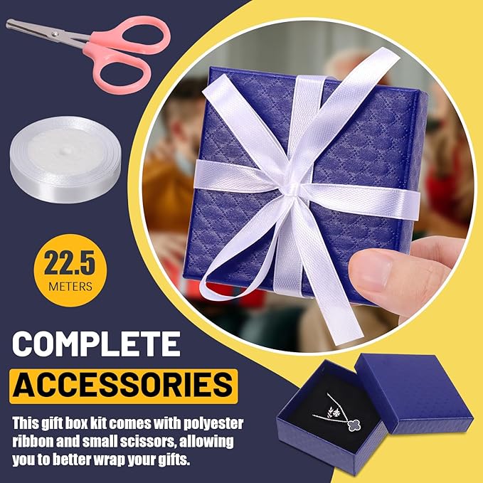 Glarks 12pcs Dark Blue 9 x 9 x 3CM Jewelry Gift Boxes with Pink Scissors and 1.5 x 225CM White Polyester Ribbon Set, Diamond Pattern Necklace Earring Bracelet Boxes Gift Case Ideal