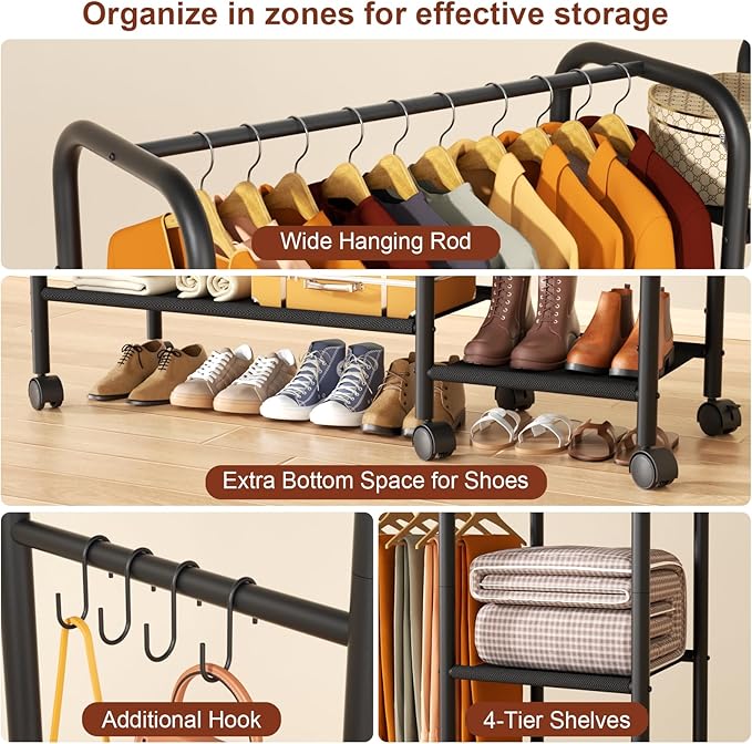 Portable Closets For Hanging Clothes,Wardrobe Closet Racks For Hanging Clothes,Sturdy Clothes Rack Heavy Duty,4-Tier Metal Freestanding Clothing Racks With Shelves, 45" X 16" X 69"