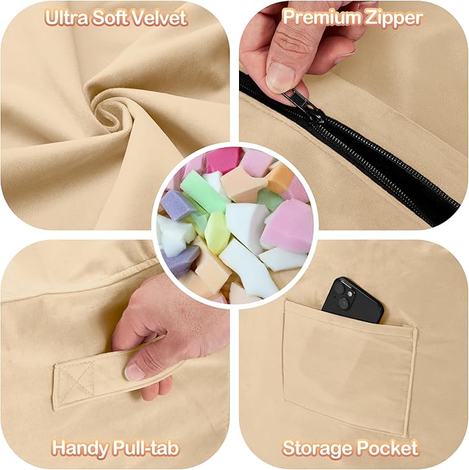 Homguava 6FT Bean Bag Chair Giant BeanBag with Memory Foam Filled, Large Bean Bag Chairs for Adults, Adult Bean Bag Chair with Dutch Velvet Cover for Living Room Bedroom-Khaki