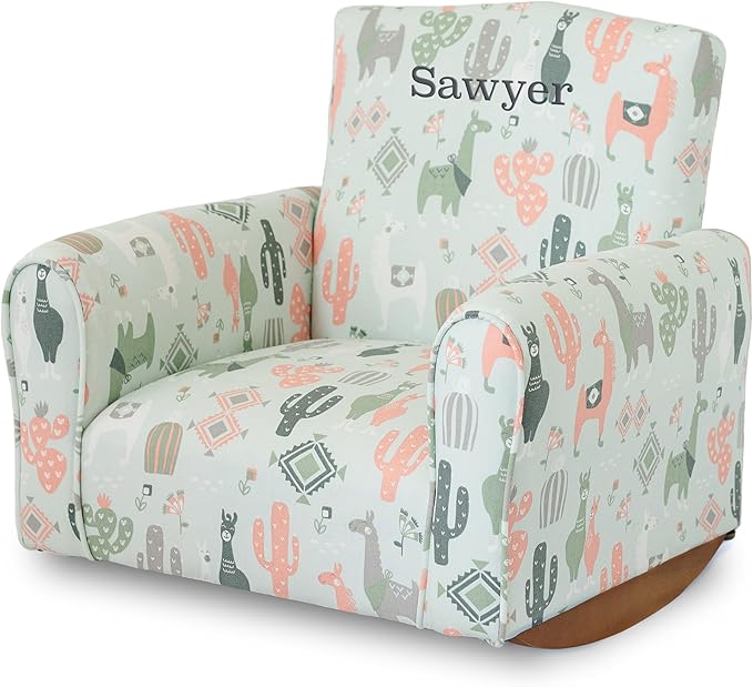 Toddler Personalized Armchair, Kids Upholstered Rocking Chair with Personalization, Toddler Chair with Personalized Name, Comfy Child Armchair, (Llama Print, Rockers)