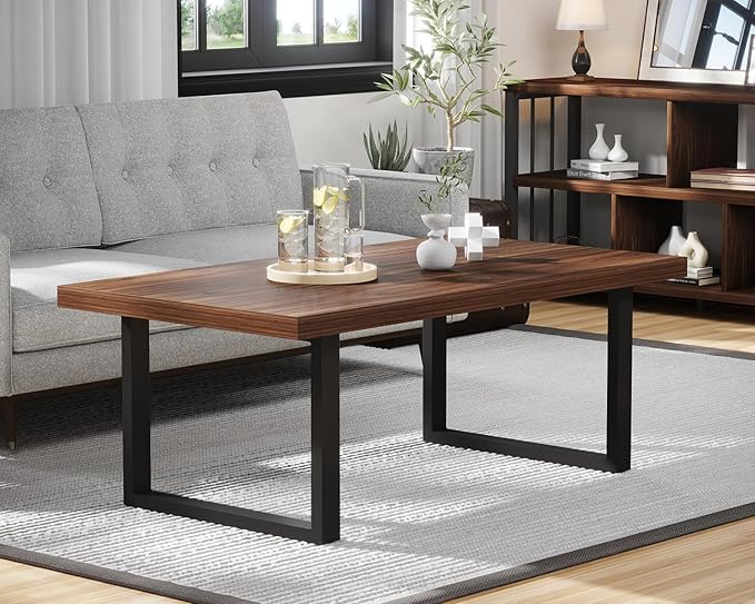 IBF Rustic Coffee Table, Simple Vintage Center Table, Minimalist Industrial Living Room Table, Farmhouse Wood and Metal Rectangle Tea Coffee Table for Home Bedroom Office, Walnut, 47 Inch