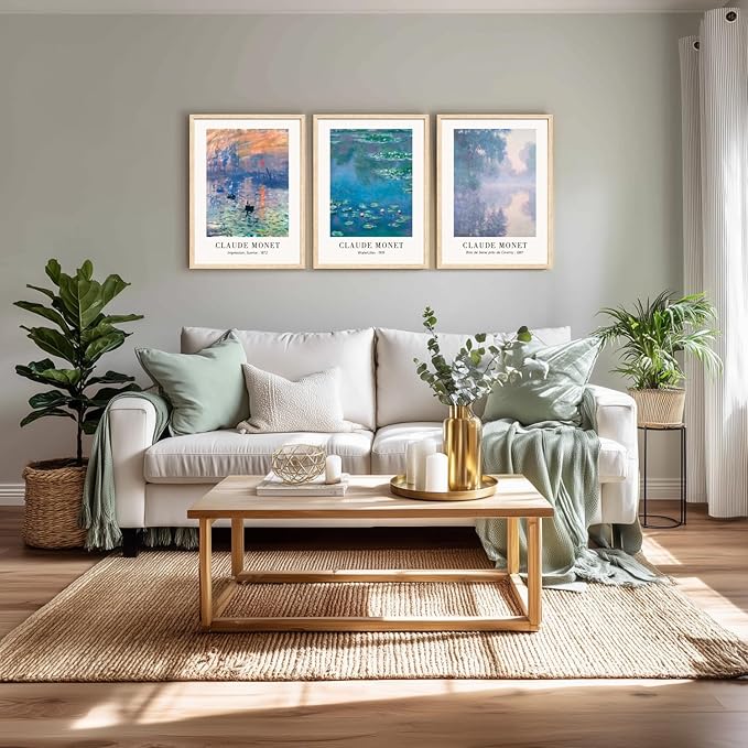 Cyebmo Vintage Botanical Wall Art Set of 3, Claude Monet Water Lilies Art Prints, Impression Sunrise Water Lilies Seine River Poster Prints for Living Room Bedroom Bathroom Wood Framed 16"x24"x3