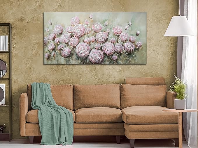 Arjun Pink Rose Wall Art Flower Canvas Painting 3D Textured Floral Silver Grey Artwork Living Room Modern Abstract Petals Tranquil Framed for Bedroom Home Office Wall Decor, Large Size 48"x24"