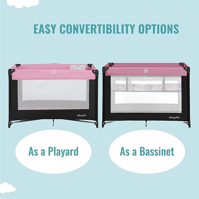 Dream On Me Zazzy Portable Playard with Bassinet in Pink, Packable and Easy Setup Baby Playard, Lightweight and Portable Playard for Baby with Mattress and Travel Bag