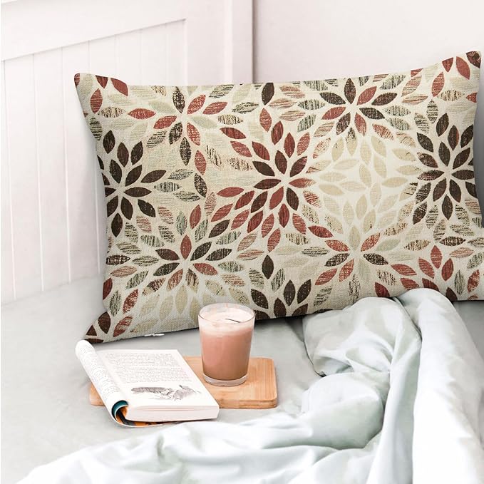 Burgundy Red Brown Pillow Covers 12x20 Inch Set of 2 Summer Rust Geometric Flower Outdoor Decorative Throw Pillows Farmhouse Dahlia Pillow Case Linen Lumbar Cushion Cover for Home Sofa Bedroom