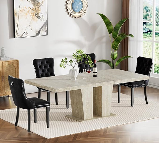 Goujxcy 5-Piece Extendable Dining Table Set for 4, 63-78 Inch Faux Travetine Kitchen Table Set with 4 Black Upholstered Chairs Modern Wood Expandable Dining Room Table Set for Kitchen Apartment