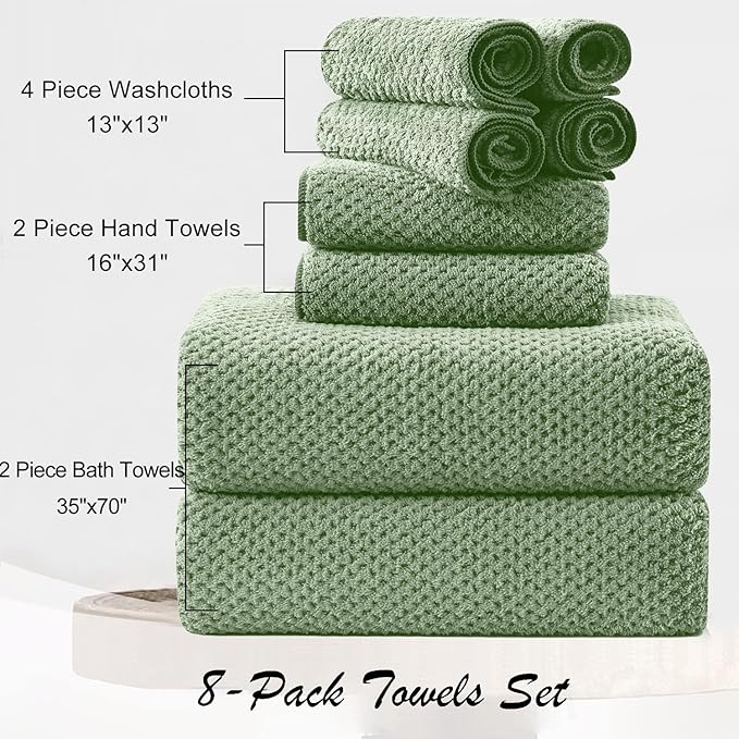 8 Piece Green Family Bath Towel Set-2 Oversized Bath Towel Sheets,2 Hand Towels,4 Washcloths-600GSM Soft Highly Absorbent Quick Dry Beach Chair Towels Woven Towels for Bathroom Hotel and Spa