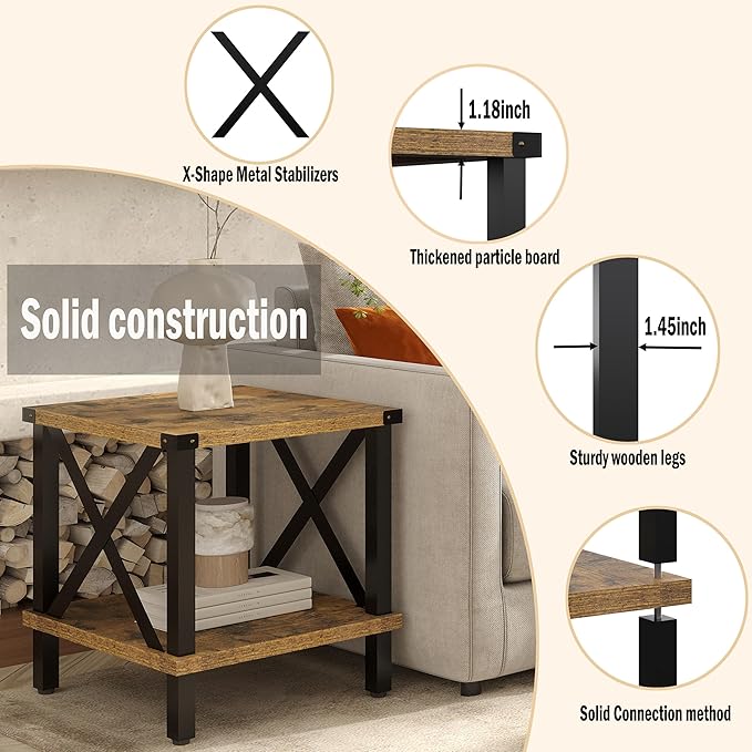 Large End Table Farmhouse Side Table Industrial Style Sofa Table Coffee Table Metal X Accent Wood End Table NightStand with Storage Shelf for Living Room Bedroom MLBZ16R