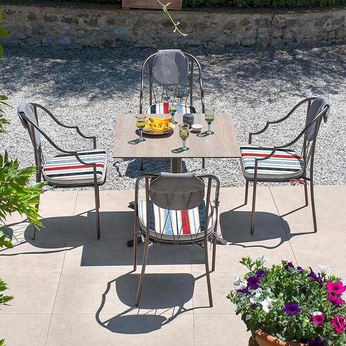 Set of 4 Outdoor Chair Cushions 19"x19"x2",Water Repellent Dining Seat Cushion with Ties and Removable Covers, Chair Cushions for Indoor and Patio Furniture, Stripe Red Blue