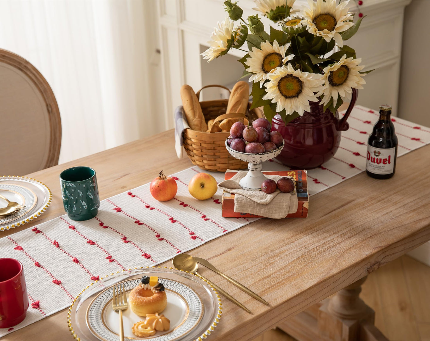 Caflife Christmas Table Runner 72 Inchs Long for Modern Farmhouse Room Home Christmas Decorations, Boho Red Table Runner, Natural Cotton Woven with Tassels for Holiday Kitchen and Dining Table Decor