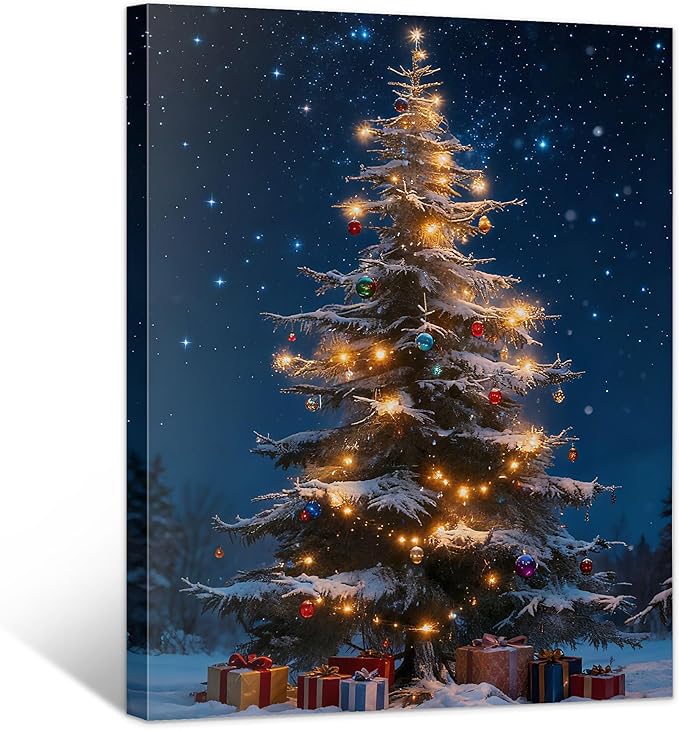 Framed Christmas Pictures Wall Decor,Vintage Pine Tree Prints,Winter Christmas Canvas Wall Art Decoration for Bedroom Bathroom Living Room Rustic Xmas Holiday Gifts (Christmas Tree 13, 24'' X 36'')