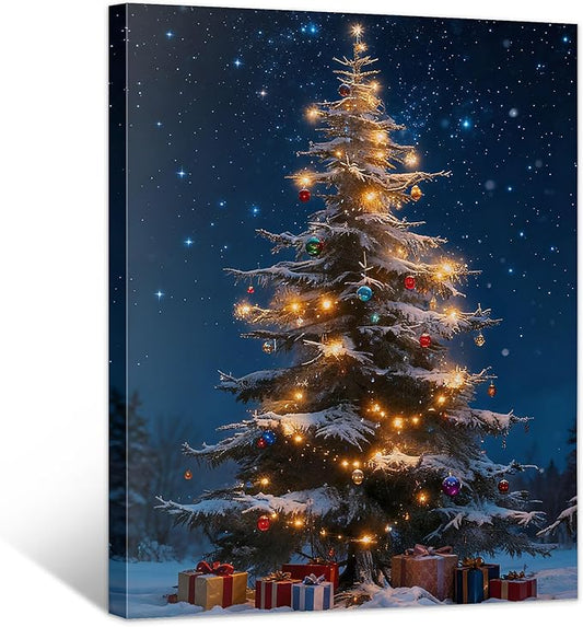 Framed Christmas Pictures Wall Decor,Vintage Pine Tree Prints,Winter Christmas Canvas Wall Art Decoration for Bedroom Bathroom Living Room Rustic Xmas Holiday Gifts (Christmas Tree 13, 16'' X 20'')