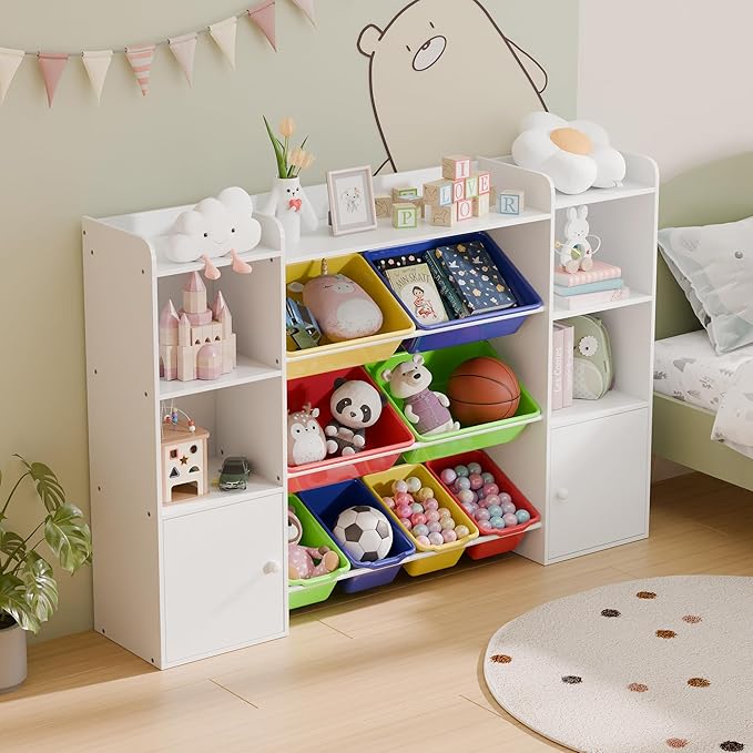 Large Kids Toy Storage Organizer with 4 Shelves and 8 Bins, Contemporary Style, Nursery Toy Organizers