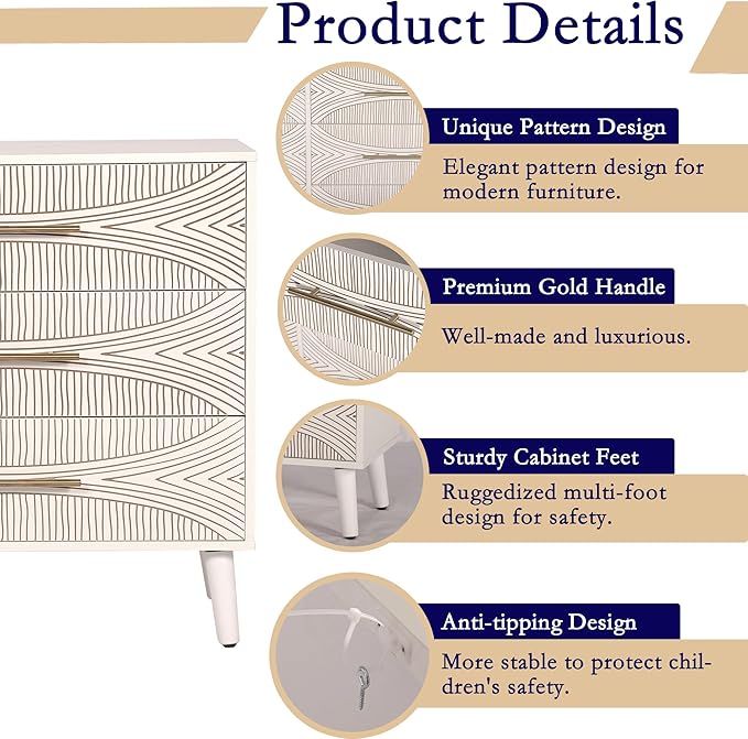 3 Drawer Dresser, White Wooden Dresser with Metal Handles, Bedroom Storage Organizer, Living Room TV Stand, Entryway Furniture, Texture White