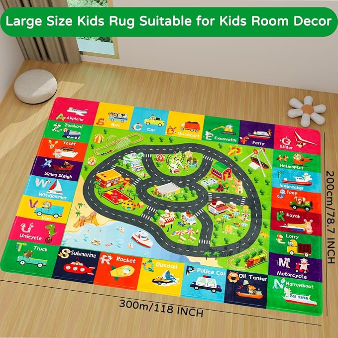 Kids Rugs Traffic Road Carpet Play Rug 118"×78.7" for Playroom Transportation ABC Educational Mat Alphabet Area Rug, Kid Playtime Collection Toddler Car Track Rug Cute Cartoon Animal Letters