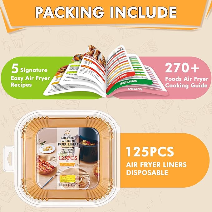 Air Fryer Liners Disposable,125Pcs 8Inch Airfryer Liners with Air Fryer Cheat Sheet Cooking Guide Booklet, Non-Stick Parchment Paper Square, Air Fryer Cookbooks Recipes