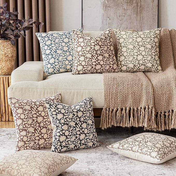 Foindtower Set of 2 Decorative Neutral Floral Throw Pillow Covers Accent Farmhouse Cushion Covers Boho Vintage Pillowcase for Couch Sofa Bedroom Living Room Home Decor Outdoor,20×20 Inch,Dusty Blue