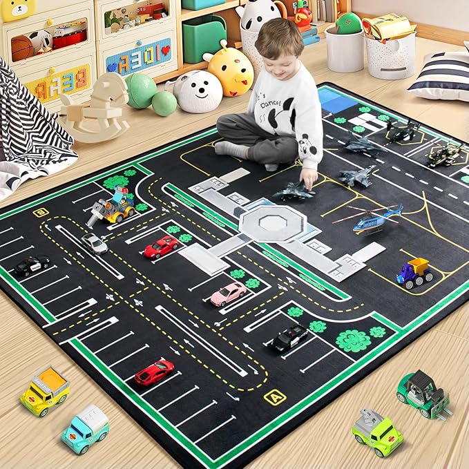 Kids Rug, Road Carpet for Kids with Combined City Road Traffic System, Car Rug and Airport Play Mat, 6x9 Ft Children’s Play Rugs for Playroom, Children’s City Traffic Map Fun Car Mat,Non-Slip