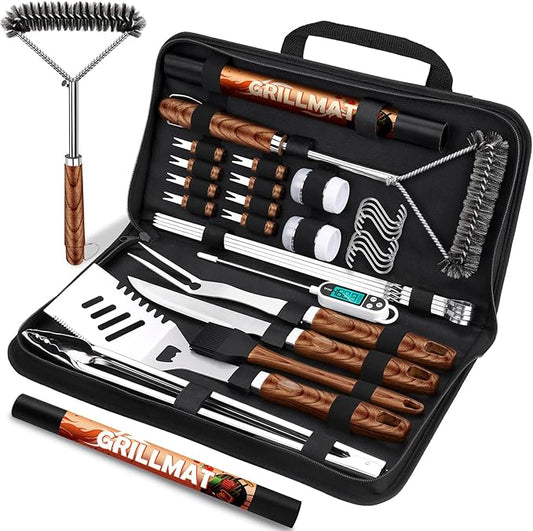 31pcs BBQ Grill Accessories Set for Men Dad, Heavy Duty Grilling Tools Gifts for Fathers Day, Stainless Steel BBQ Utensils Kit with Mats, Grill Brush in Carrying Bag Brown