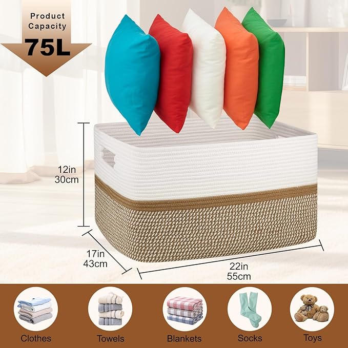 OIAHOMY Large Blanket Basket, 22”x17”x12” Rectangle Woven Baskets, Nursery Blanket Storage Living Room, Toy Storage with Handle, Large Baskets for Organizing-Yellow/White