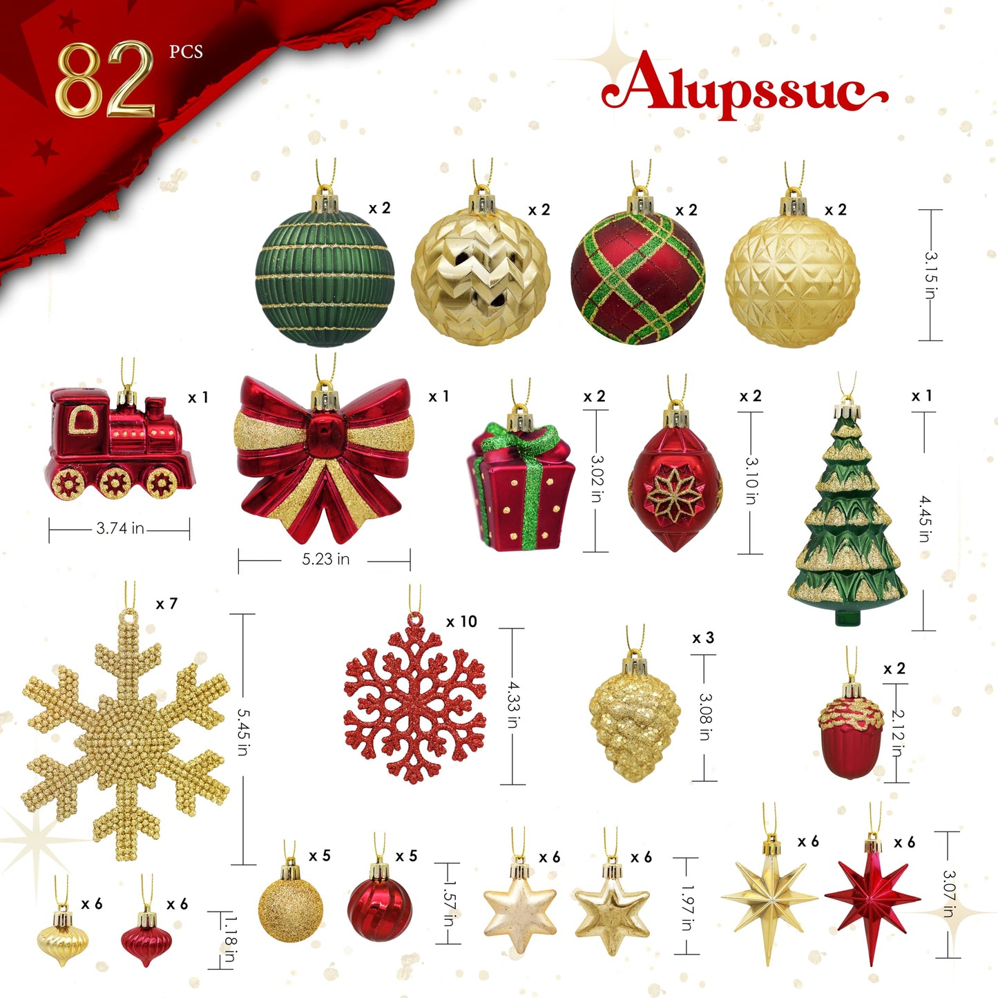 Alupssuc 82pcs Christmas Balls Ornaments Set, Delightful Classic Gift Set, Shatterproof Plastic Decor for Xmas Tree Holiday Wedding Party Decorations with Hanging Strings, Gold, Red and Green