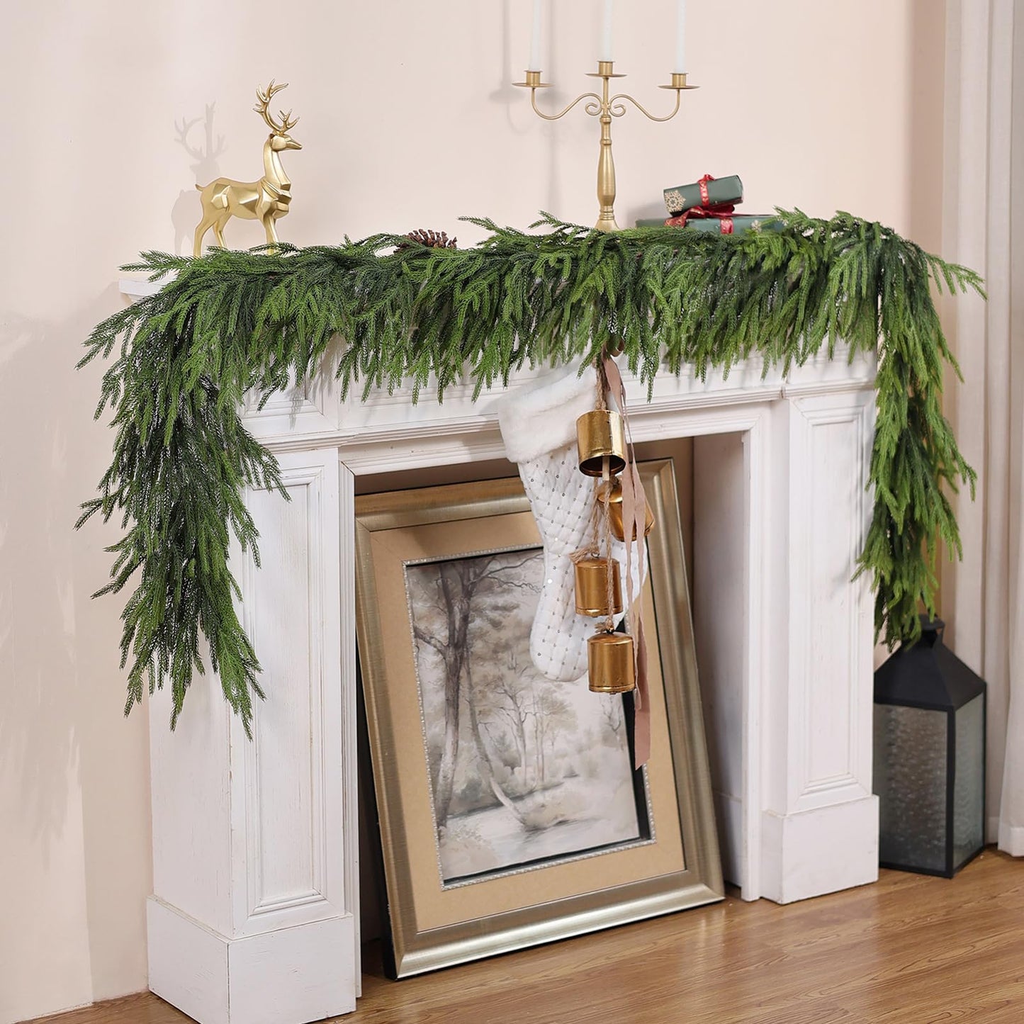 Real Touch Christmas Norfolk Pine Garland - 9ft Artificial Christmas Garland Fake Pine Needles Faux Green Garland for Fireplace,Table,Window,Stairs,Mante,Holiday Indoor Outdoor Xmas Decor(1PCS)