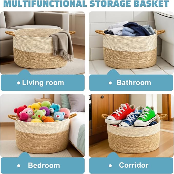 Large Woven Laundry Basket, Cotton Rope Storage Basket for Bedroom, Nursery & Bathroom – Toy Storage Organizer (Large(21.65" L x 12.6" W x 13.78" H))