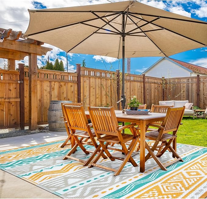 Lahome Waterproof Outdoor Rug 9x12, Reversible Outdoor Plastic Straw Rug for Patio, RV Camping Rugs Picnic Mat Outside, Large Outdoor Carpet for Beach Deck Backyard(Blue/Yellow,9'x 12')