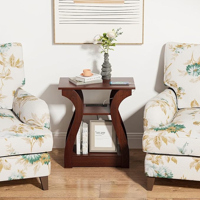 End Table with Charging Station, Side Table with USB Ports and Outlets, 3 Tier Nightstand Sofa Table for Small Spaces, Beside Table with Storage Shelf for Living Room, Bedroom