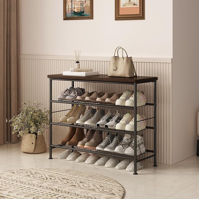 Shoe Rack Organizer 4 Tier for Closet Entryway Free Standing Metal Storage Shoe Shelf with MDF Top Board，Black