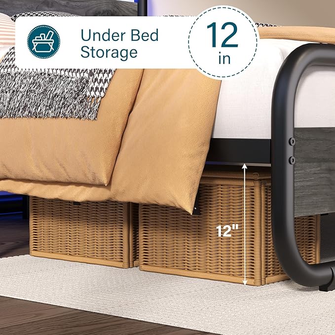 Catrimown Full Size Bed Frame, Metal Full Bed with LED Light and Under Bed Storage, Heavy Duty Platform Bed Frame with Wood Headboard, Noise Free, No Box Spring Needed