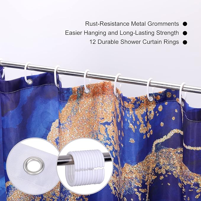 Marble Shower Curtain, Blue Marble Shower Curtain Set, Abstract Luxury Navy Blue Gold Glitter Veins Texture Marble Shower stall Curtain for Bathroom, Waterproof Fabric with 12 Hooks, 72 x 72 inches