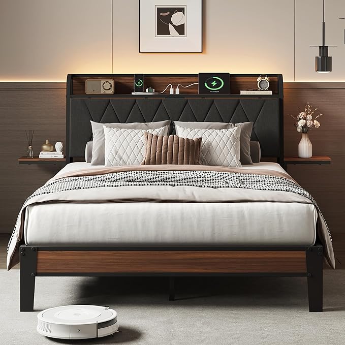 WLIVE Full Upholstered Bed Frame with 2 Side Shelves, Linen Tufted Storage Headboard with Charging Ports and LED Light, Metal Solid and Stable, No Box Spring Needed, Easy Assembly, Brown