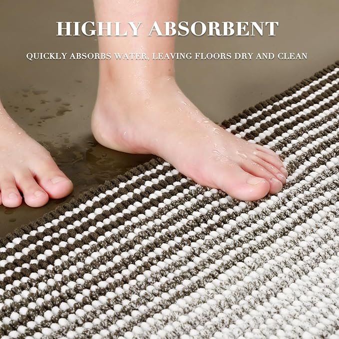 BSICPRO Bathroom Rugs and Mats Sets, 2 Piece Thick Absorbent Chenille Bath Mat Rug Set Non Slip, Soft Shaggy Bath Room Floor Mats for Bathroom, Machine Washable (Latte, 20" x 47" Plus 20" x 32")