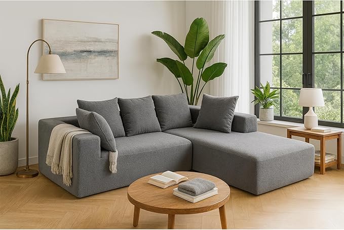 KEIKI L-Shape Cloud Sectional Sofa, 96” Modern Modular Boneless Couch with Left Chaise Lounge, Upholstered Couches for Living Room Bedroom, Grey