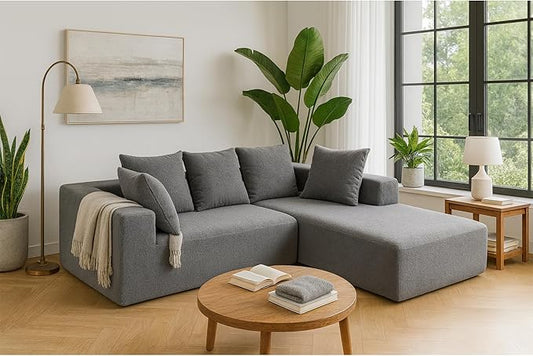 KEIKI L-Shape Cloud Sectional Sofa, 96” Modern Modular Boneless Couch with Left Chaise Lounge, Upholstered Couches for Living Room Bedroom, Grey