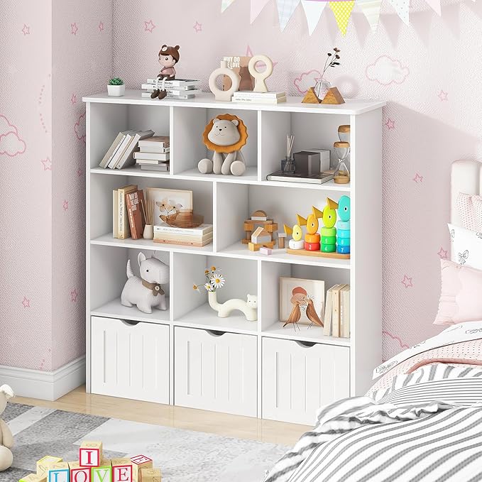 Toy Storage Organizer with Bookshelf, Large Toy Organizers and 3 Movable Drawers with Hidden Wheels and 8 Storage Cubbies, Kids Bookshelf and Toy Storage Chest, Playroom Furniture, White